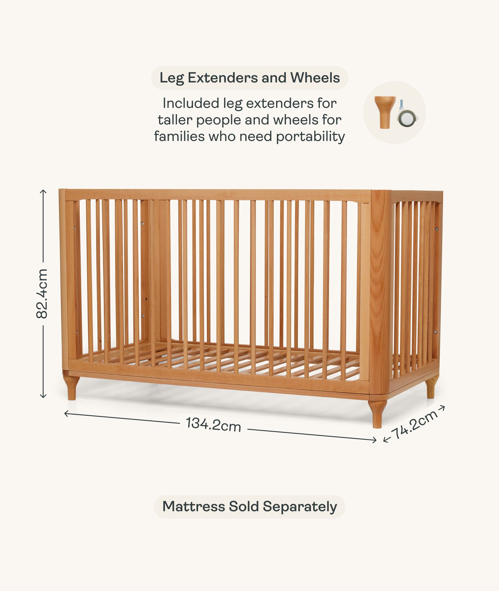 Lyra Convertible Cot in Beechwood Turns into Toddler Bed